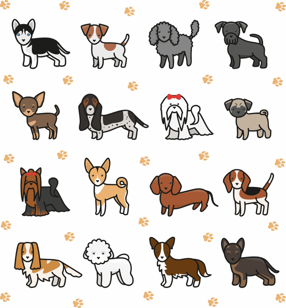 Vielfältige Hundillustrationen mit verschiedenen Rassen auf grünem Hintergrund mit Pfotenabdrücken, ideal für Haustier und Hundethemen.