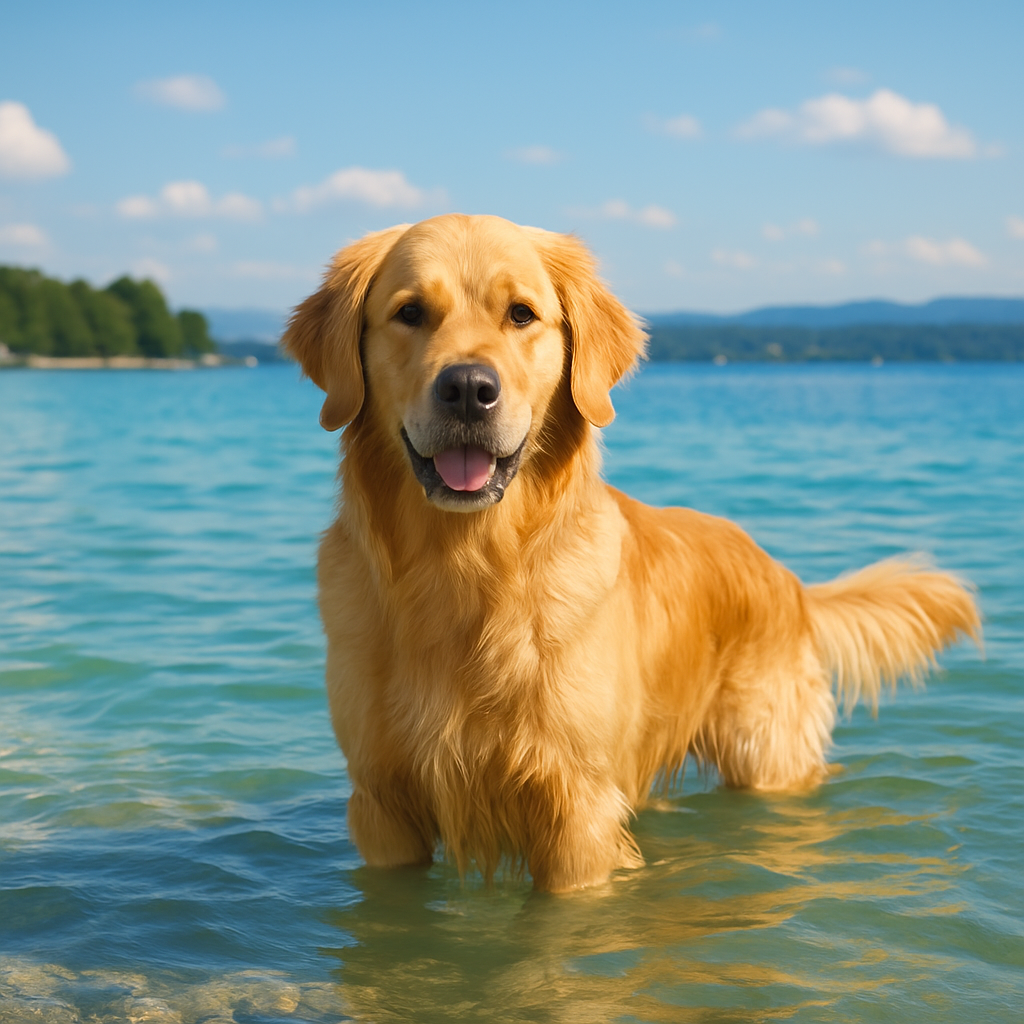 Fröhlicher Golden Retriever am See