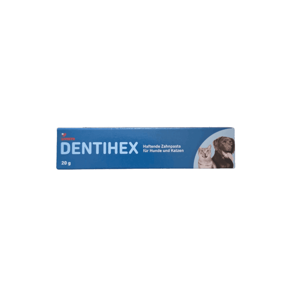 DENTIHX Haftende Zahnpasta fĂŒr Hunde und Katzen, 20 g, speziell entwickelt fĂŒr die Zahnpflege von Haustieren. Effektive Reinigung gegen Plaque und Zahnstein. Ideal fĂŒr die tĂ€gliche Zahnhygiene Ihres Tieres.