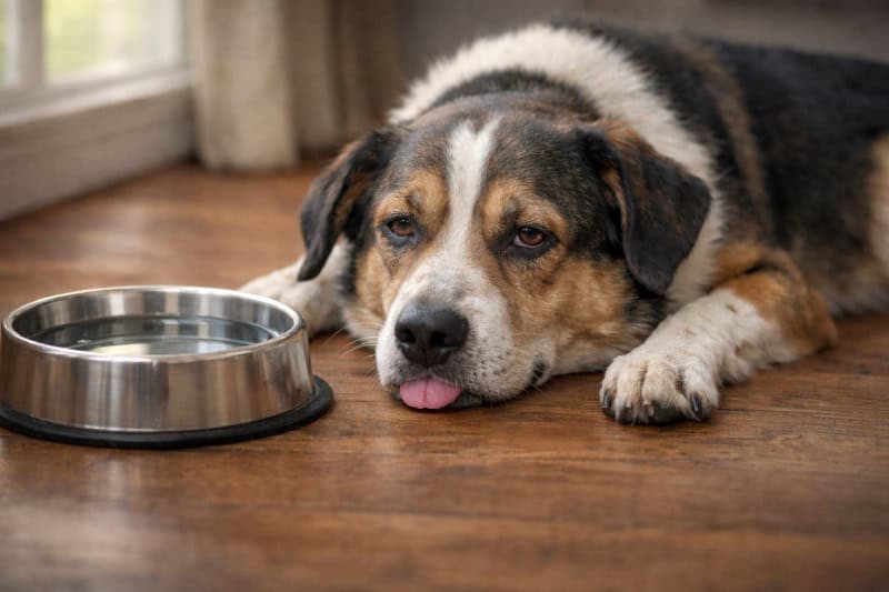 Hund liegt neben Wasserschüssel