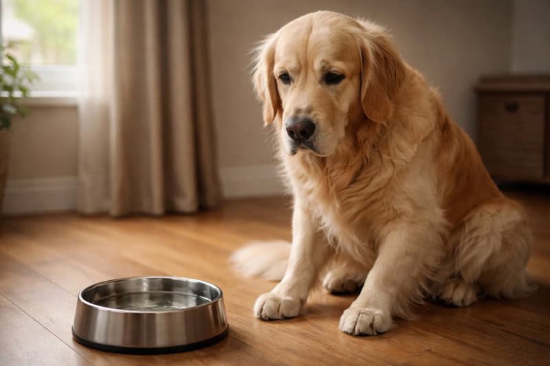 Hund sitzt neben Wasserschüssel